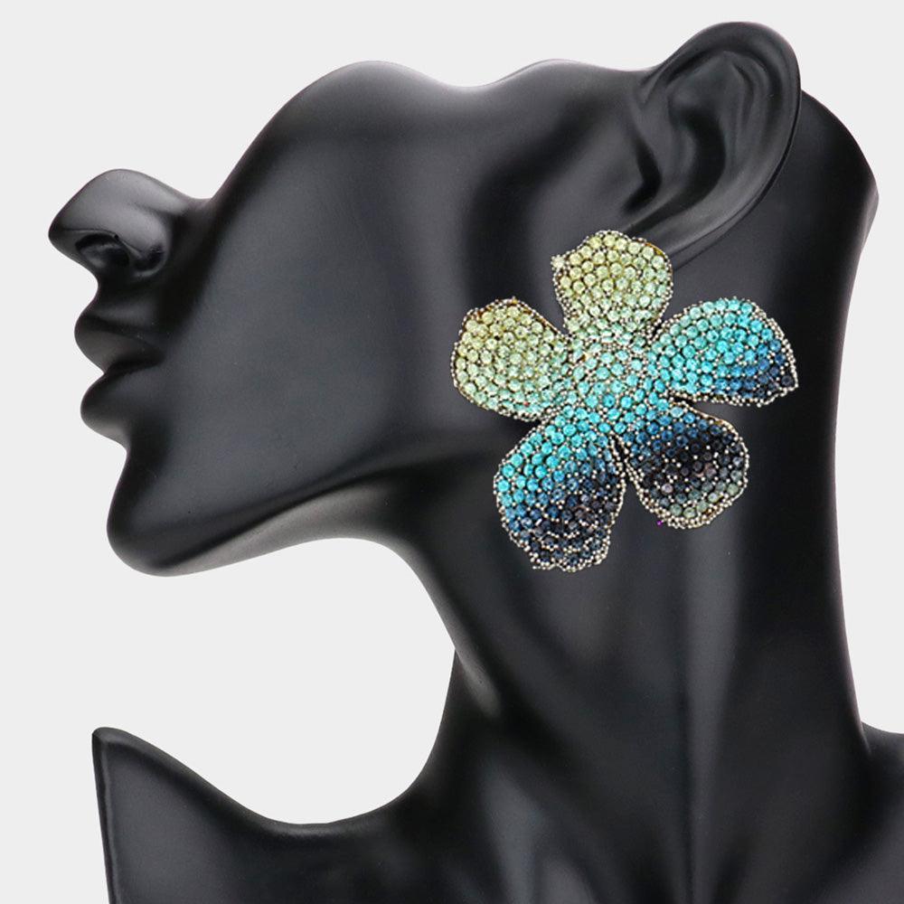 Blue Rhinestone Paved Flower Earrings - Jewelry Store by Erik Rayo