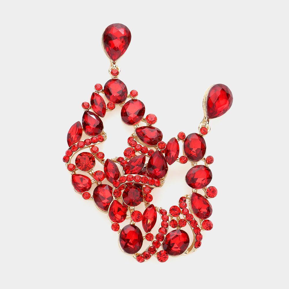 Red Multi Stone Cluster Teardrop Dangle Evening Earrings - Jewelry Store by Erik Rayo