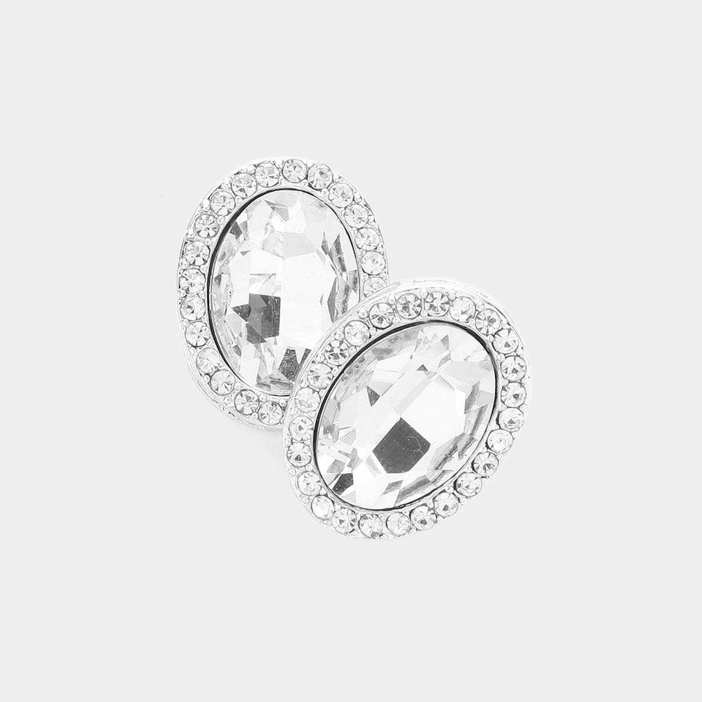 Silver Oval Crystal Stone Evening Earrings