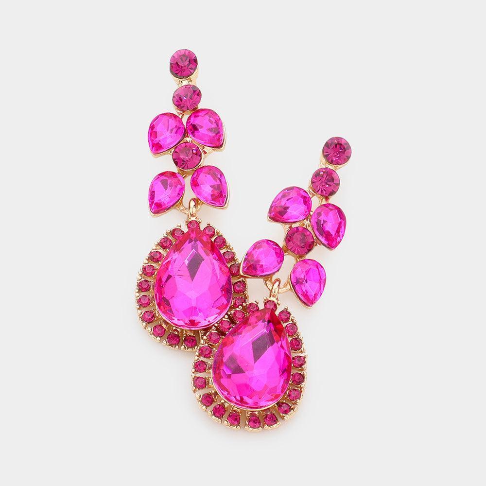 Fuchsia Teardrop Round Stone Dangle Evening Earrings - Jewelry Store by Erik Rayo