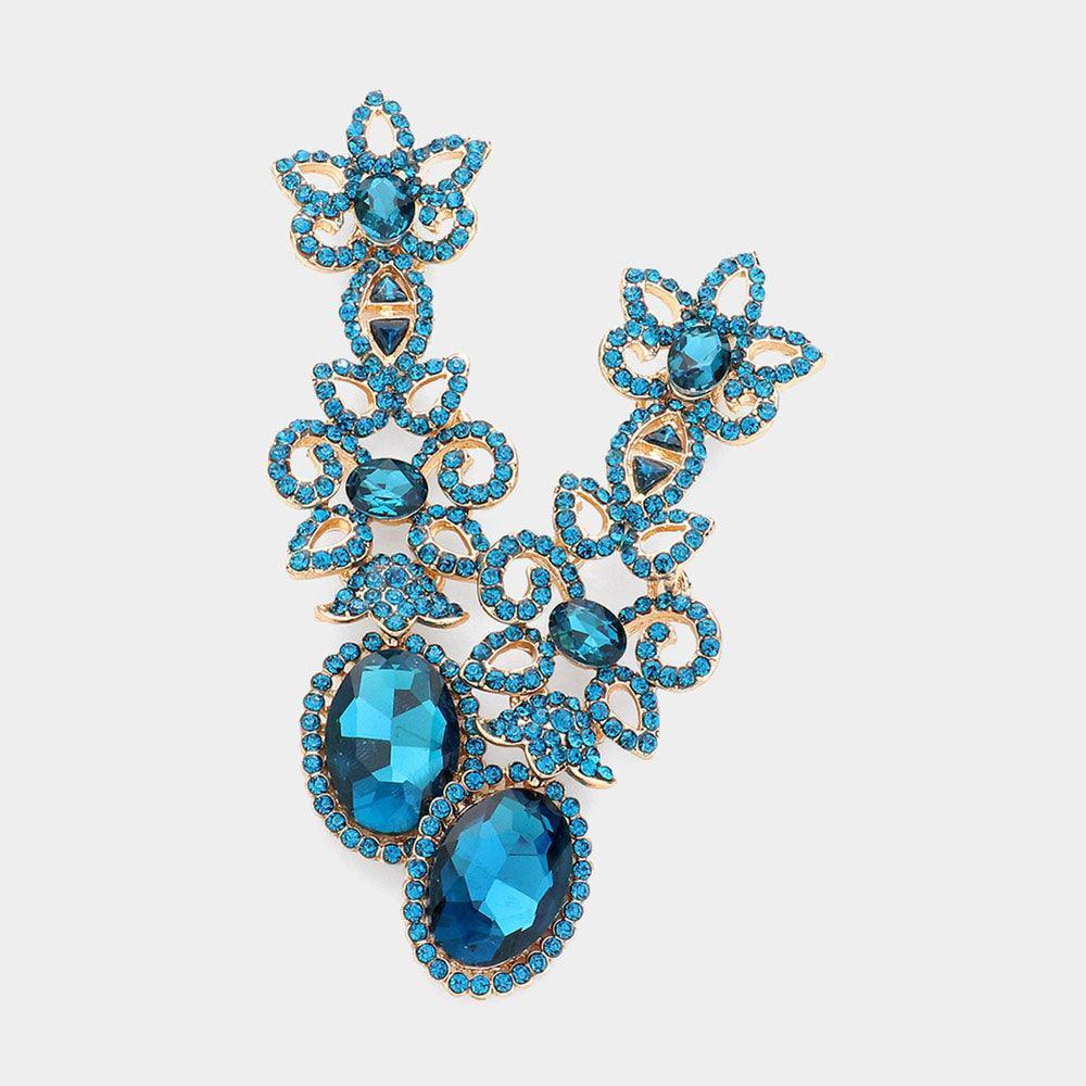 Blue Oval Crystal Stone Pointed Flower Evening Earrings