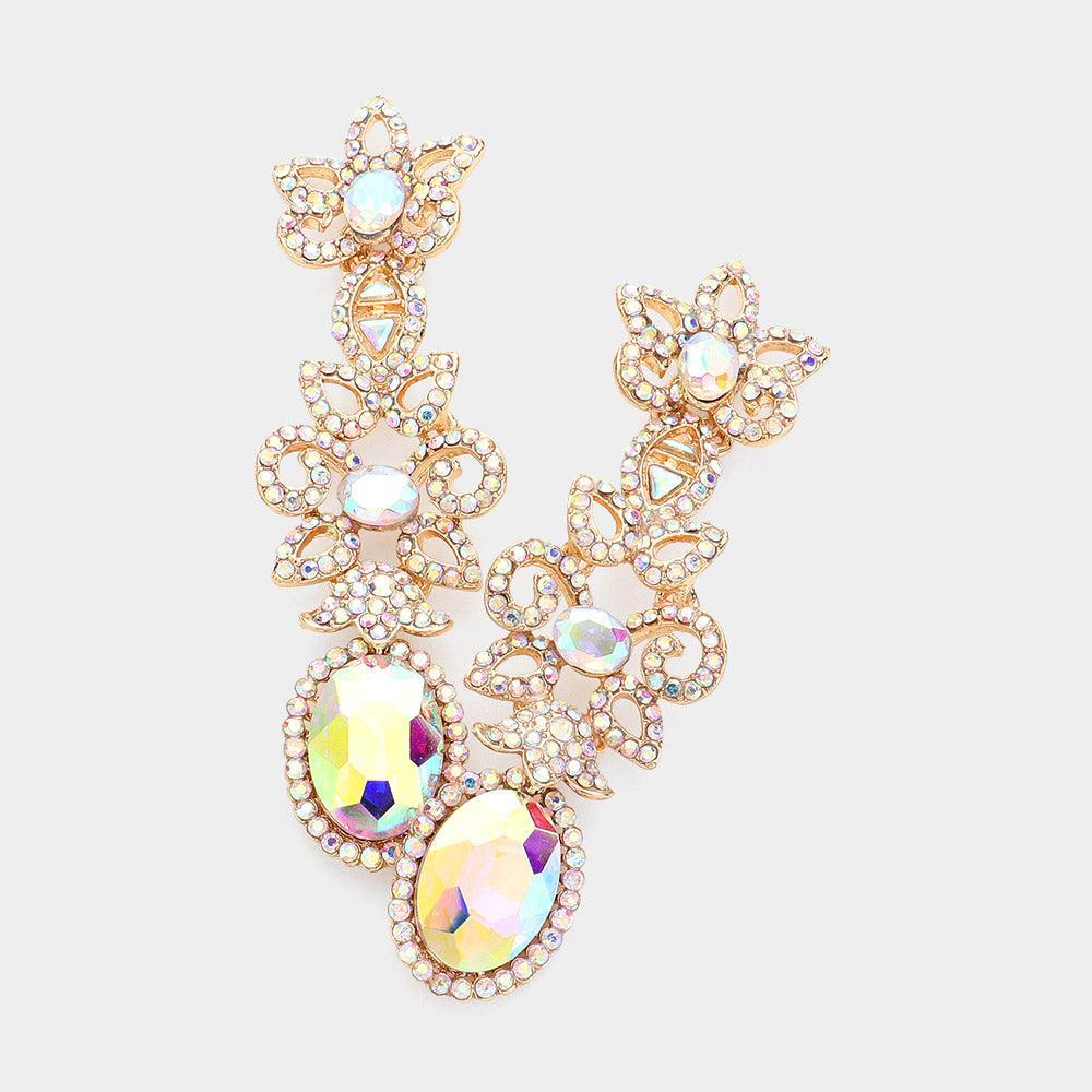 Gold Oval Crystal Stone Pointed Flower Evening Earrings