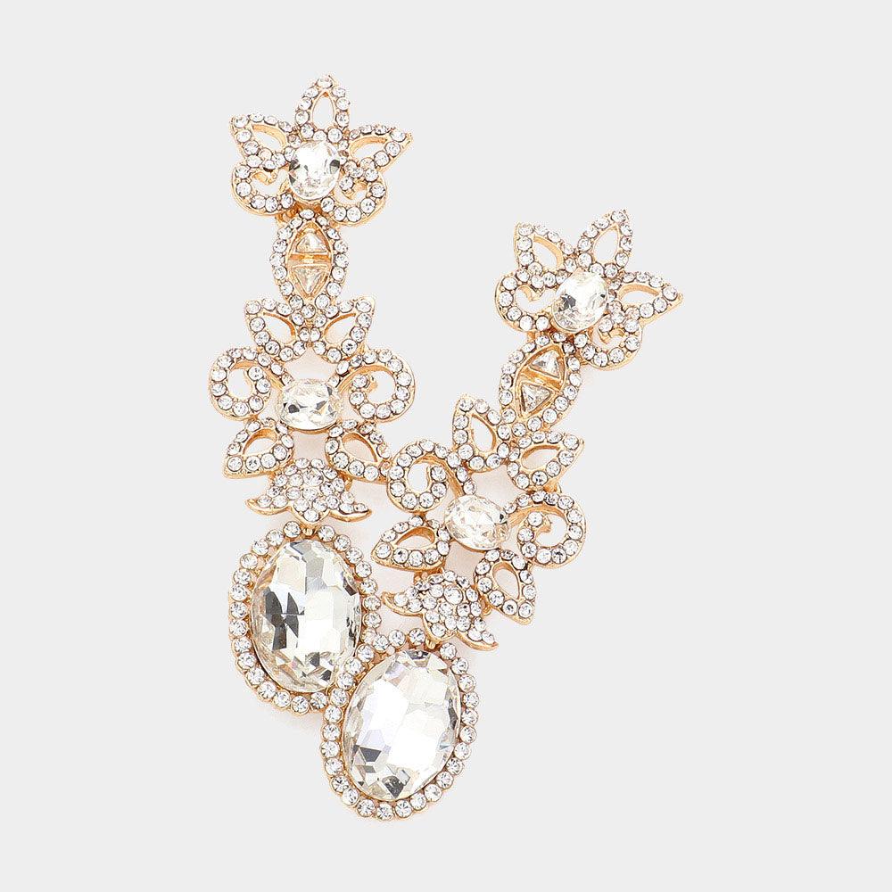 Gold Oval Crystal Stone Pointed Flower Evening Earrings