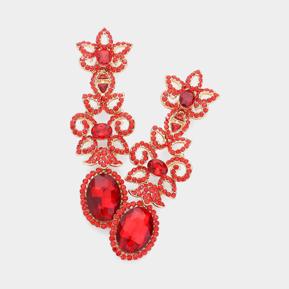 Red Oval Crystal Stone Pointed Flower Evening Earrings