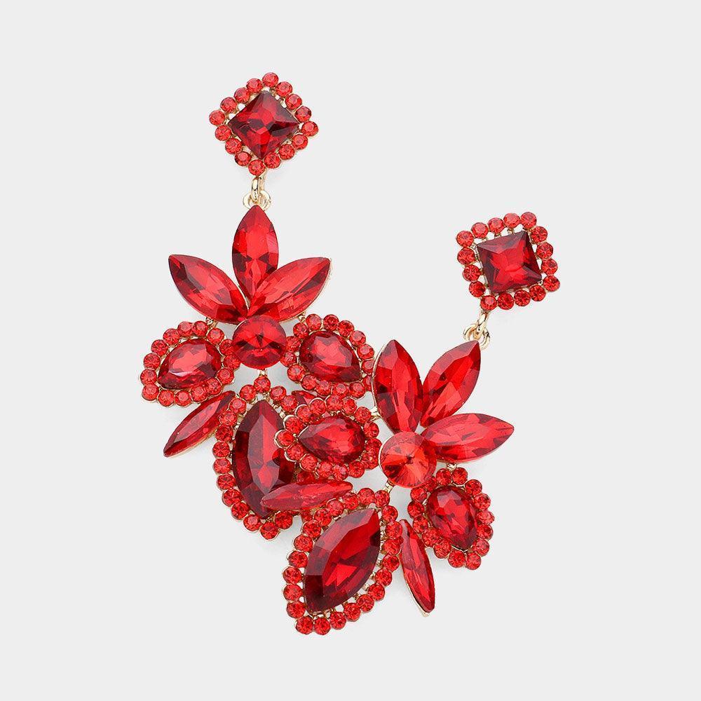 Red Marquise Stone Cluster Embellished Dangle Evening Earrings - Jewelry Store by Erik Rayo