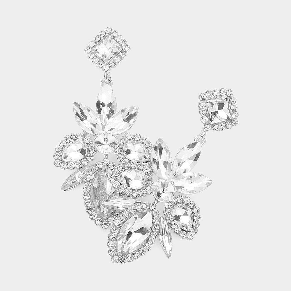 Silver Marquise Stone Cluster Embellished Dangle Evening Earrings - Jewelry Store by Erik Rayo