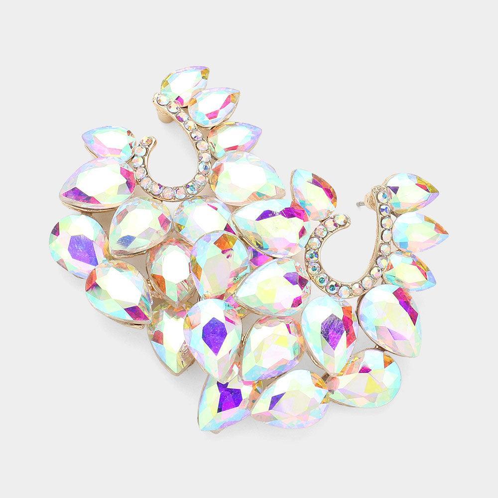 Gold Teardrop Stone Cluster Embellished Evening Earrings