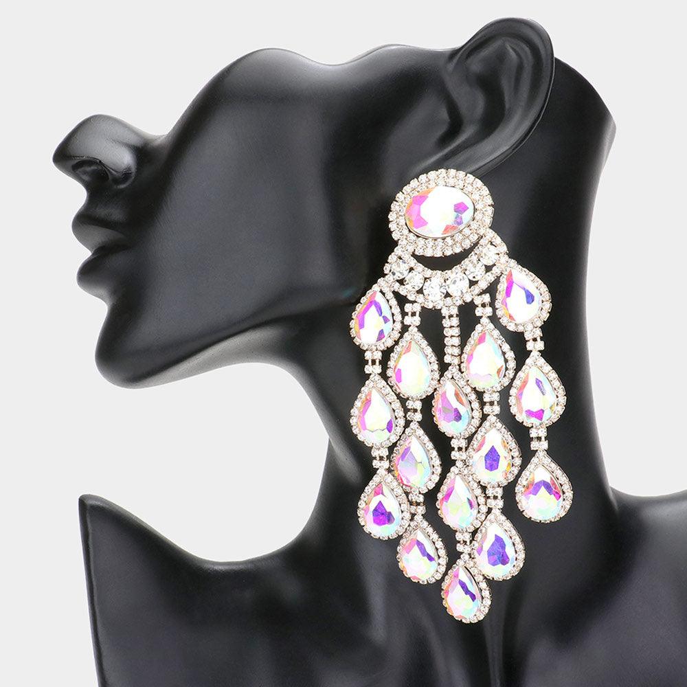 Gold Rhinestone Paved Teardrop Cluster Chandelier Evening Earrings