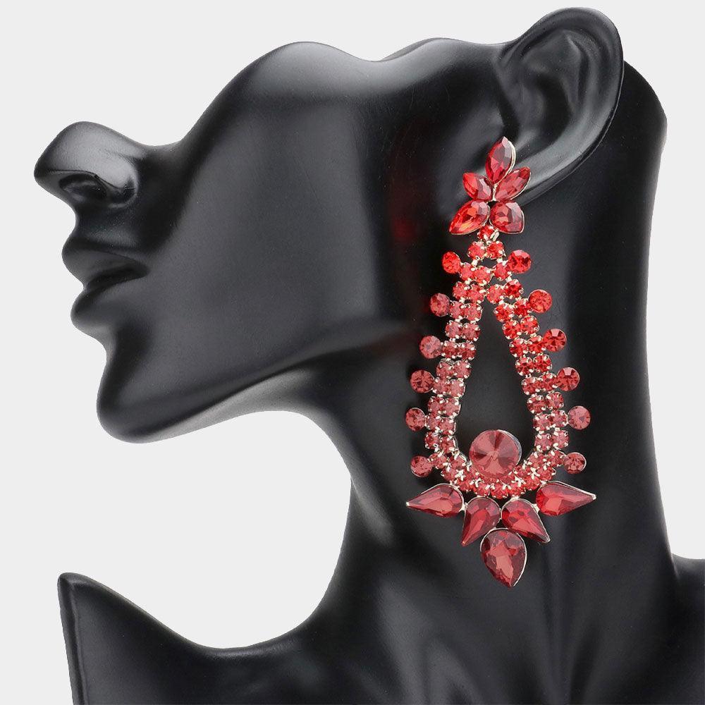 Red Teardrop Round Cluster Embellished Dangle Evening Earrings - Jewelry Store by Erik Rayo