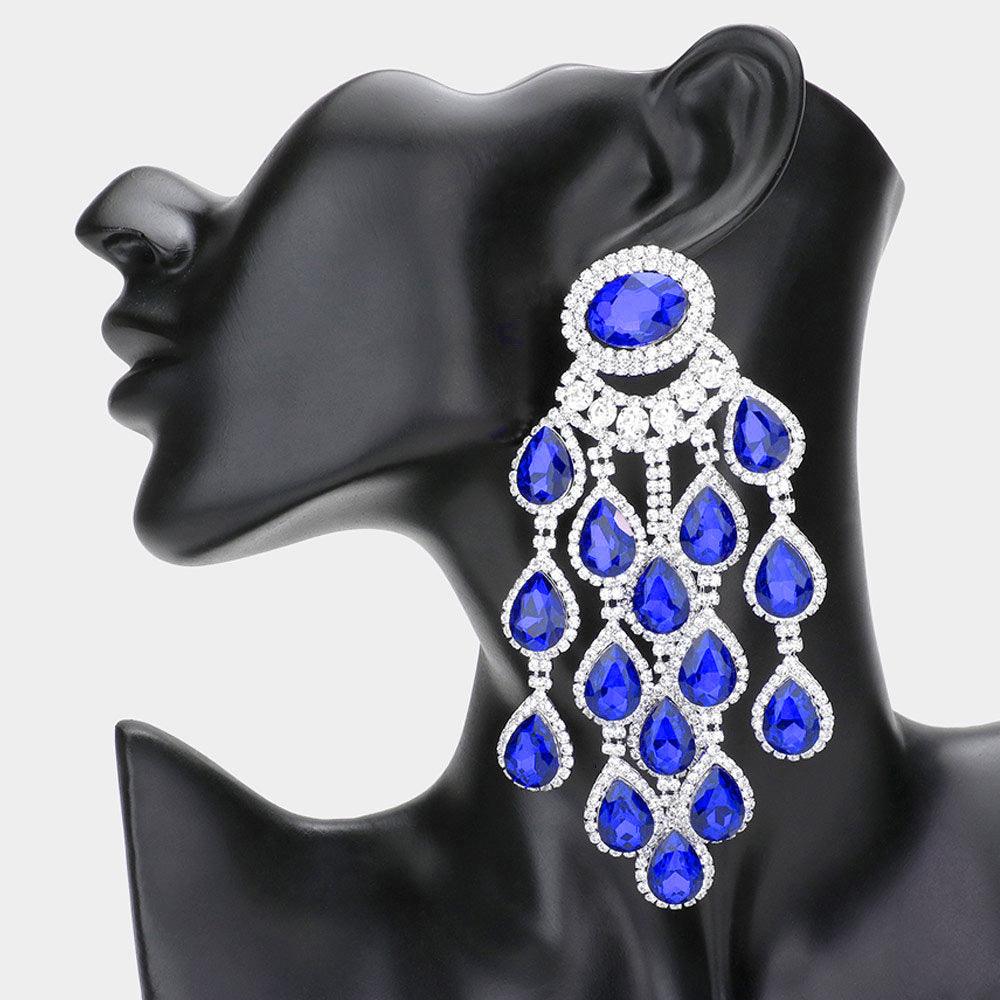 Blue Rhinestone Paved Teardrop Cluster Chandelier Evening Earrings