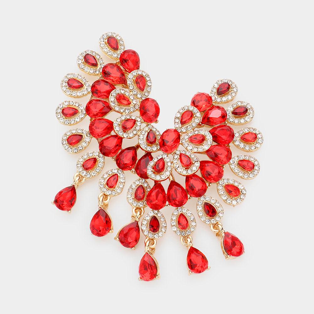 Red Teardrop Stone Cluster Embellished Evening Earrings