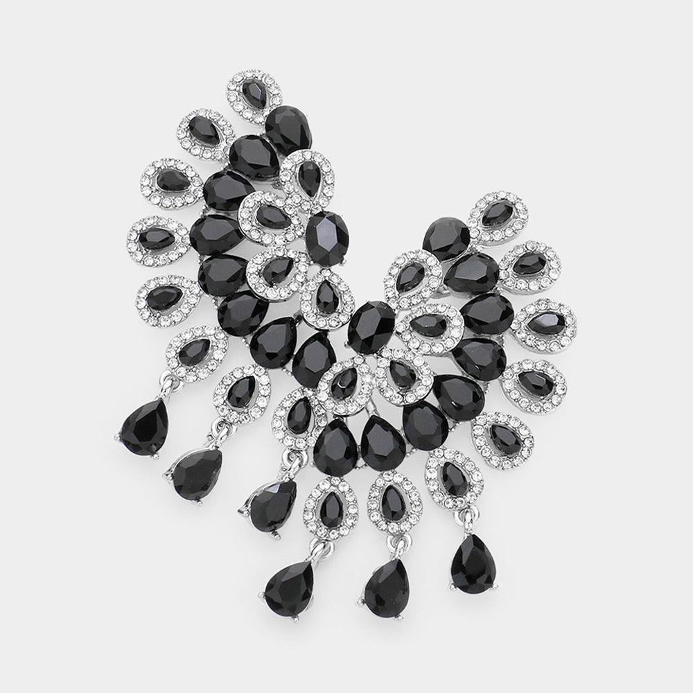 Black Teardrop Stone Cluster Embellished Evening Earrings - Jewelry Store by Erik Rayo