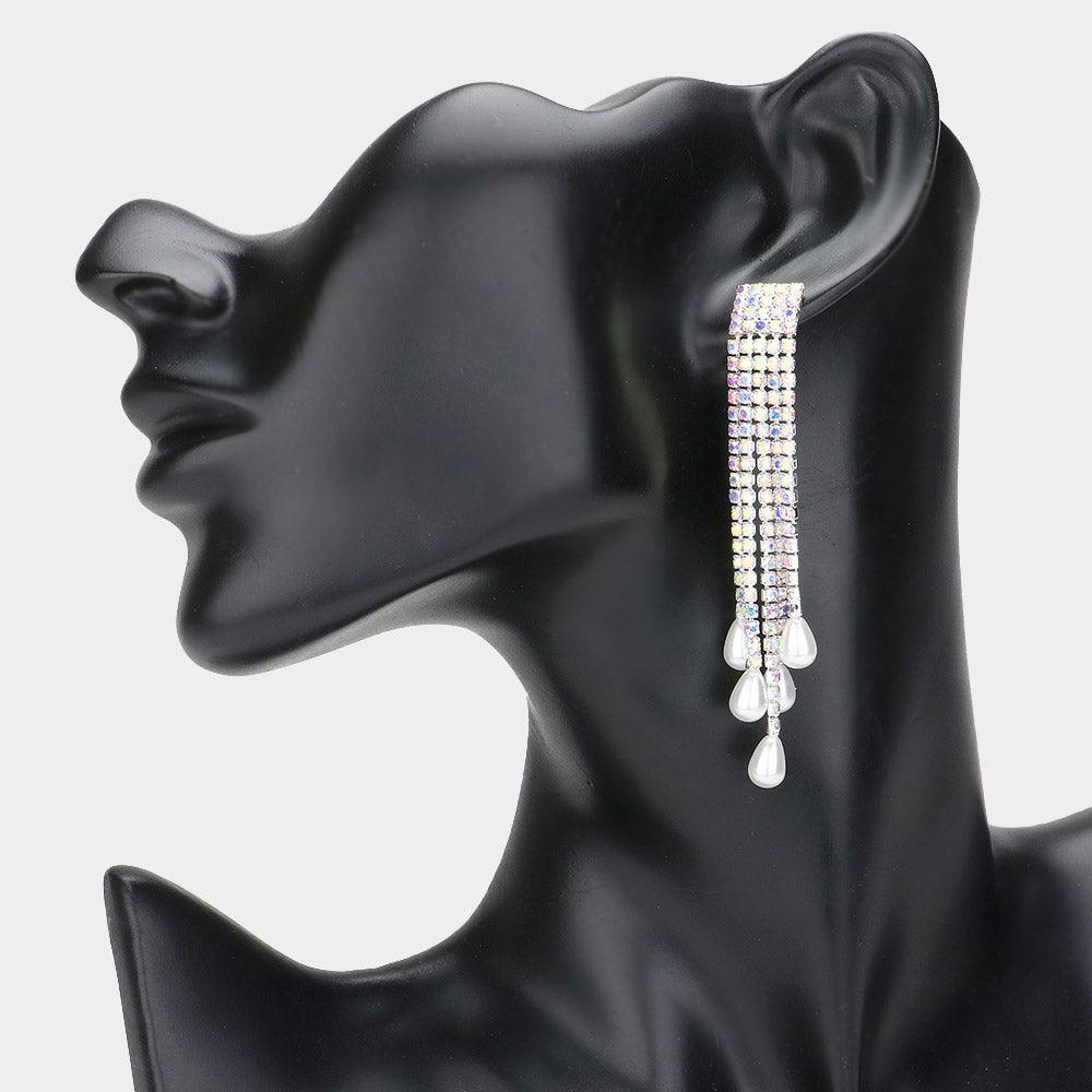 Silver Teardrop Pearl Tip Rhinestone Paved Fringe Evening Earrings - Jewelry Store by Erik Rayo