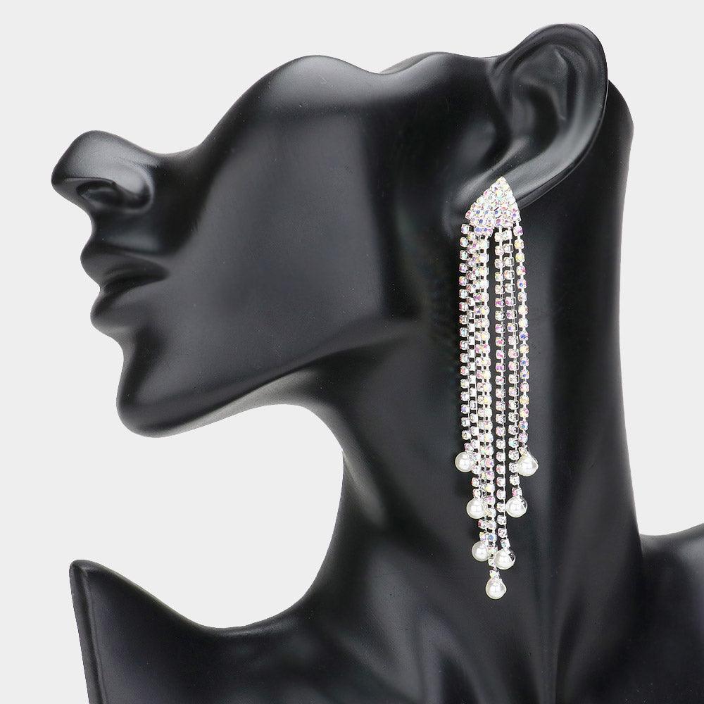 Silver Round Pearl Tip Rhinestone Paved Fringe Evening Earrings - Jewelry Store by Erik Rayo