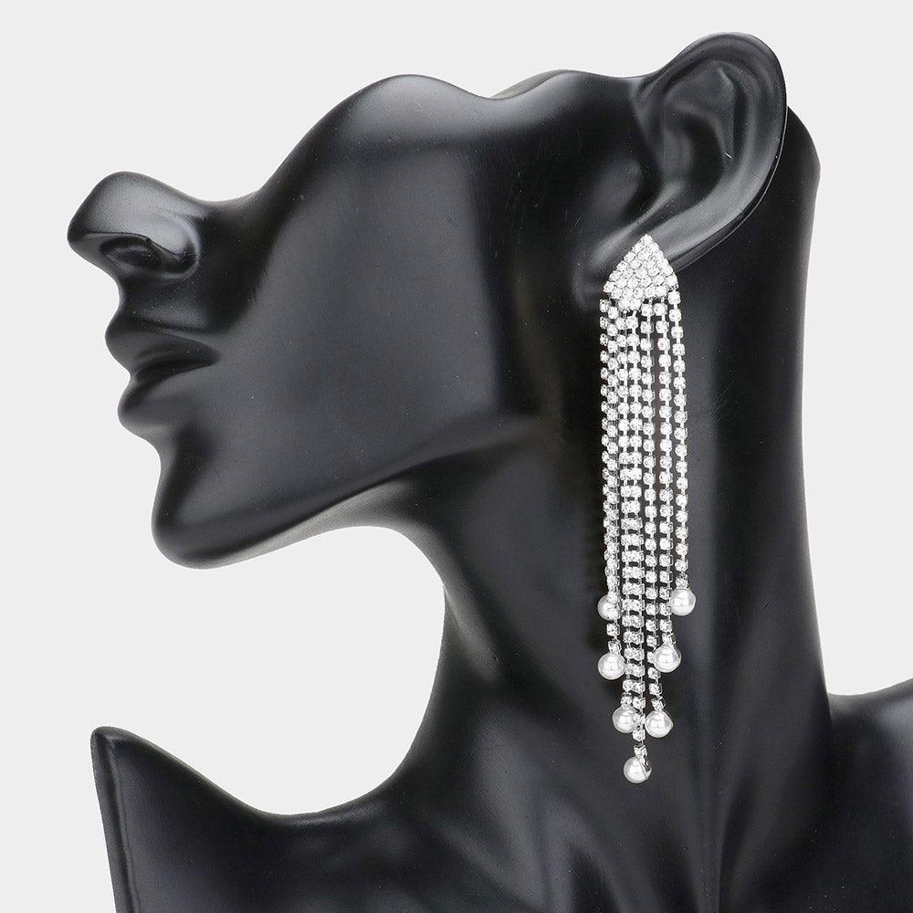 Silver Round Pearl Tip Rhinestone Paved Fringe Evening Earrings - Jewelry Store by Erik Rayo