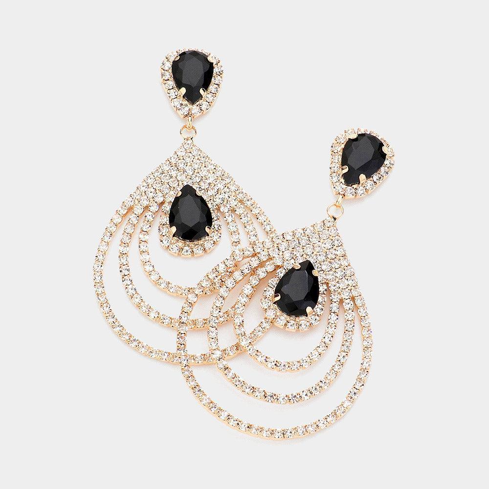 Black Teardrop Rhinestone Cluster Pointed Dangle Evening Earrings - Jewelry Store by Erik Rayo