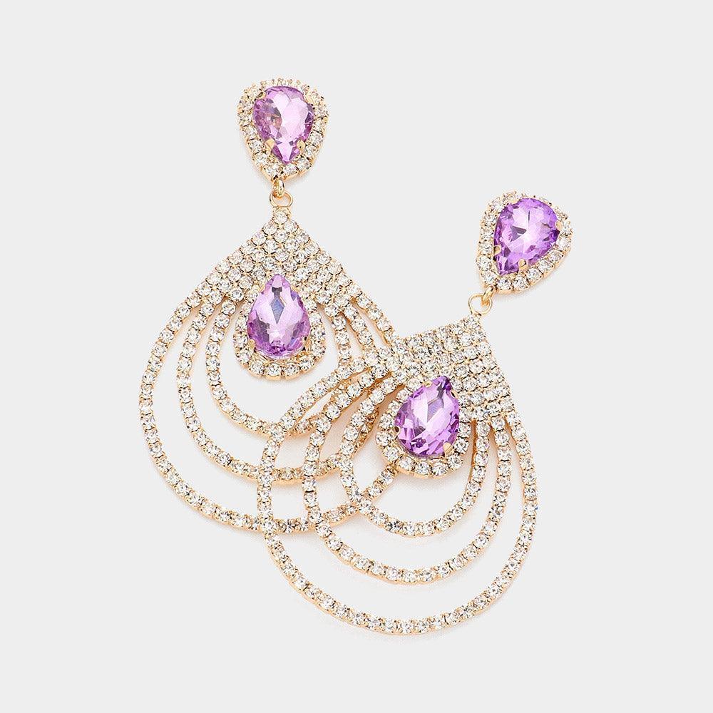 Lavender Teardrop Rhinestone Cluster Pointed Dangle Evening Earrings - Jewelry Store by Erik Rayo