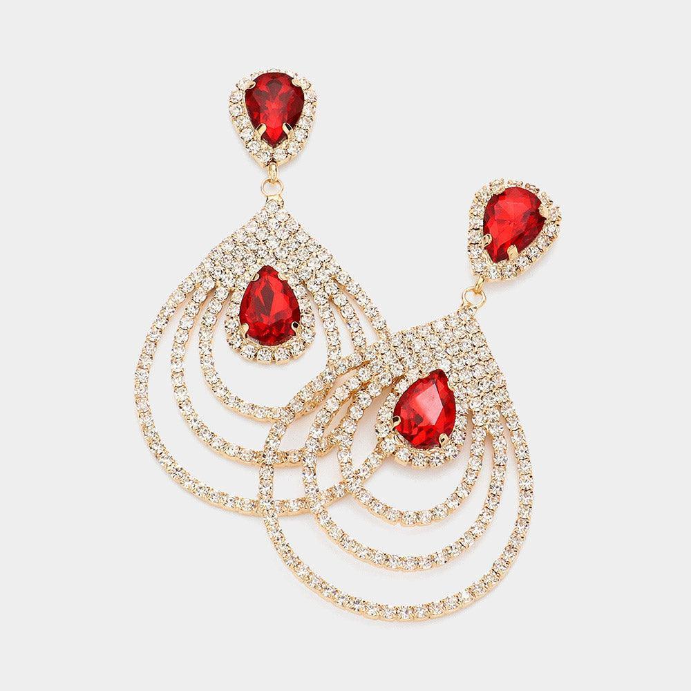 Red Teardrop Rhinestone Cluster Pointed Dangle Evening Earrings - Jewelry Store by Erik Rayo