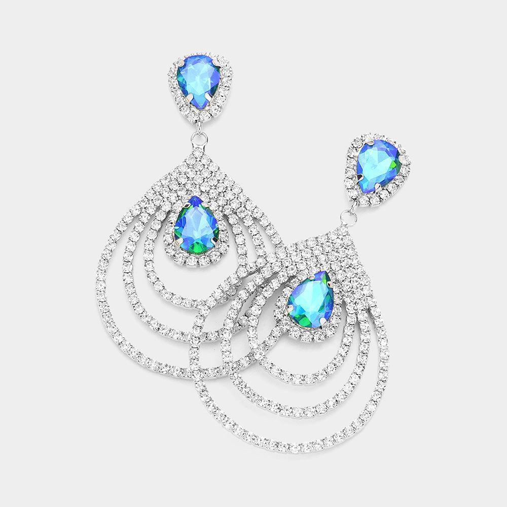 Green Teardrop Rhinestone Cluster Pointed Dangle Evening Earrings - Jewelry Store by Erik Rayo