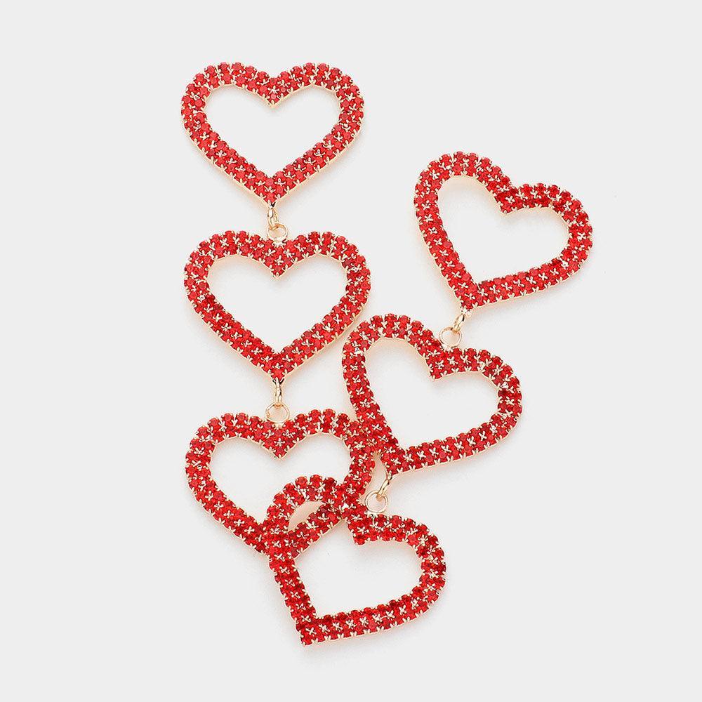 Red Stone Paved Open Heart Link Dropdown Evening Earrings