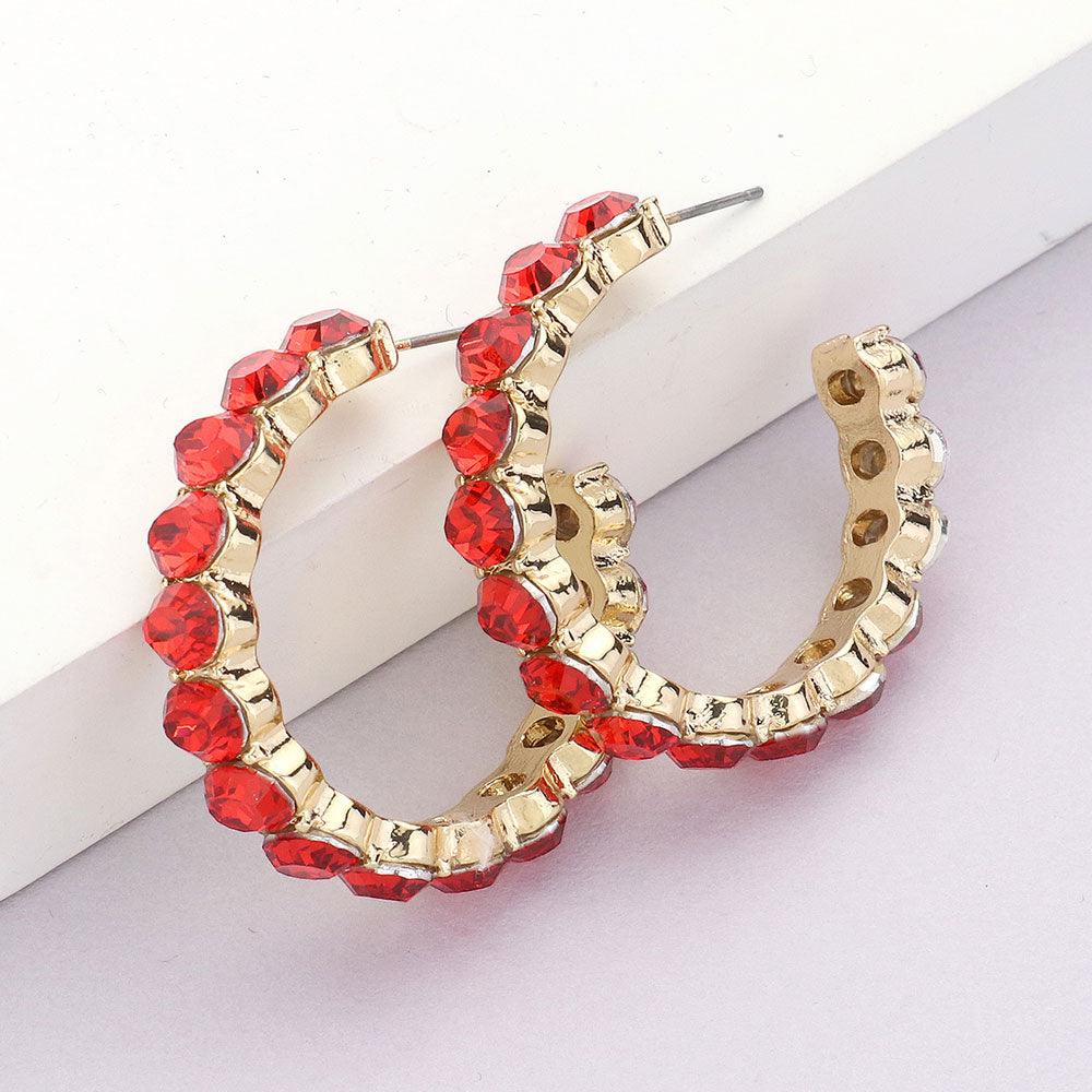 Red Round Stone Cluster Hoop Earrings