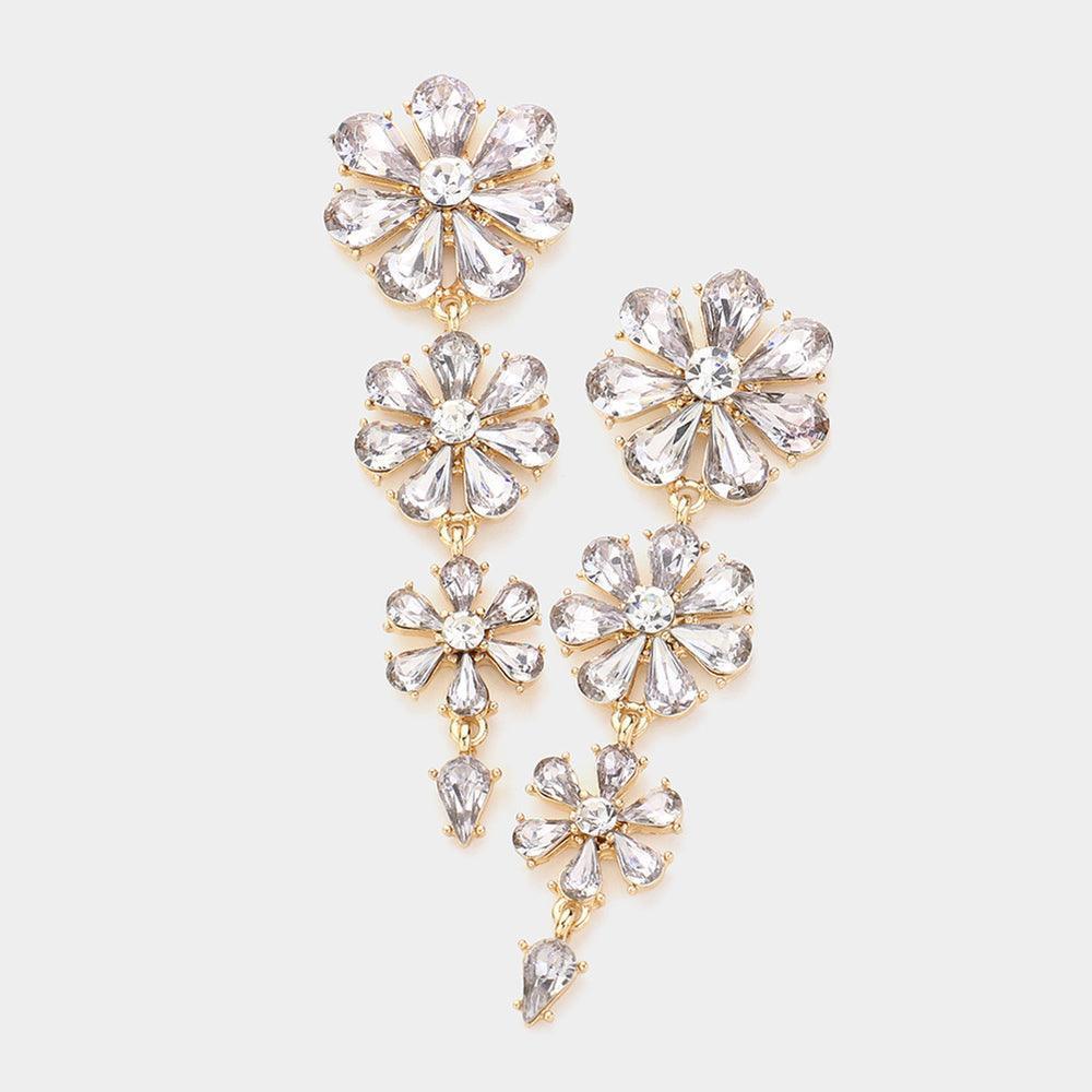 Gold Teardrop Cluster Triple Flower Link Dangle Evening Earrings - Jewelry Store by Erik Rayo