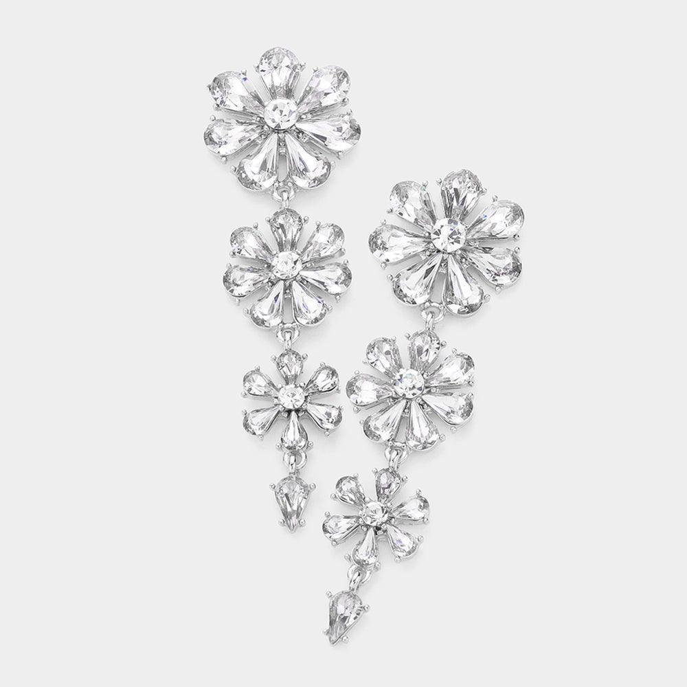 Silver Teardrop Cluster Triple Flower Link Dangle Evening Earrings - Jewelry Store by Erik Rayo