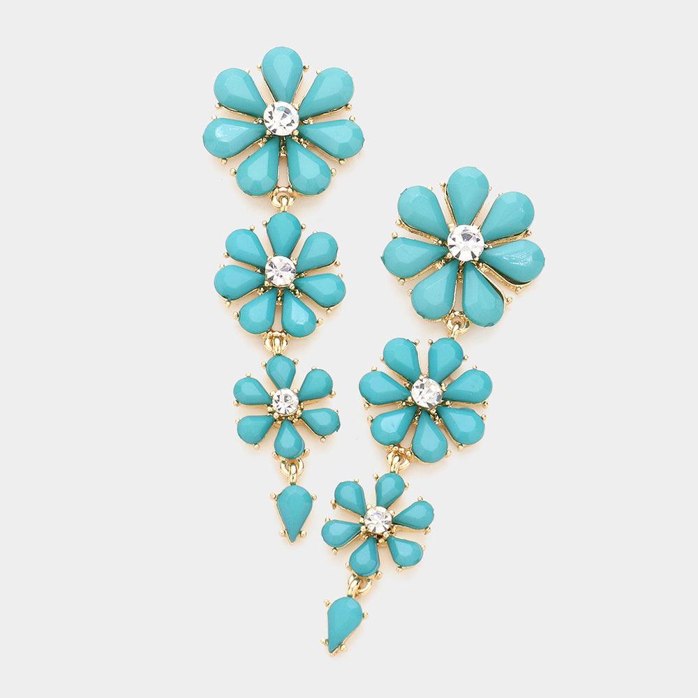 Turquoise Teardrop Cluster Triple Flower Link Dangle Evening Earrings