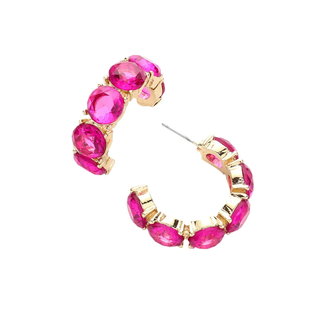 Red Round Stone Embellished Hoop Evening Earrings - Jewelry Store by Erik Rayo