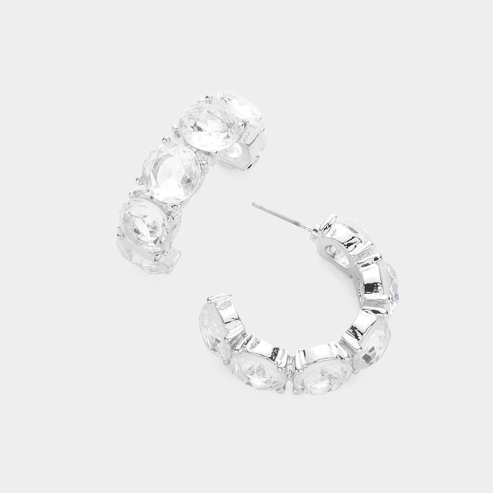 Silver Round Stone Embellished Hoop Evening Earrings - Jewelry Store by Erik Rayo
