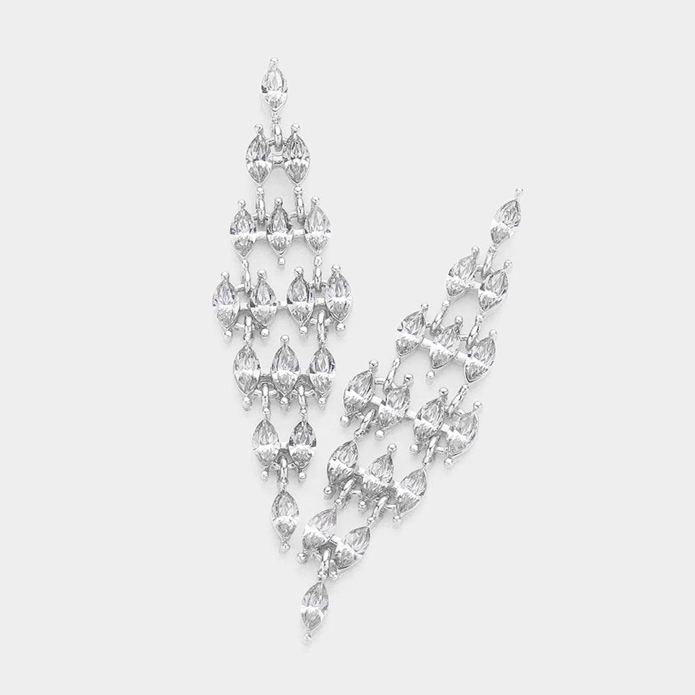 Silver Marquise Stone Cluster Chandelier Evening Earrings