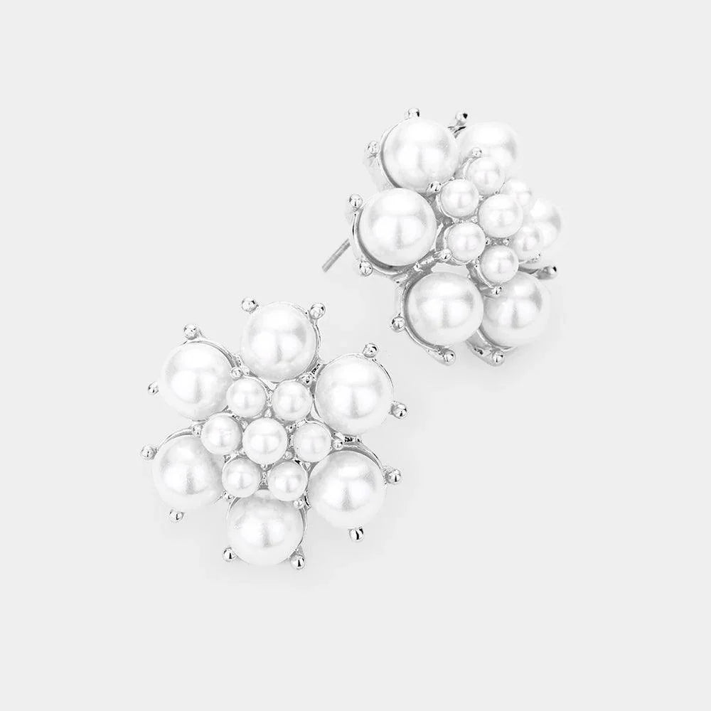 White Pearl Floral Evening Stud Earrings - Jewelry Store by Erik Rayo