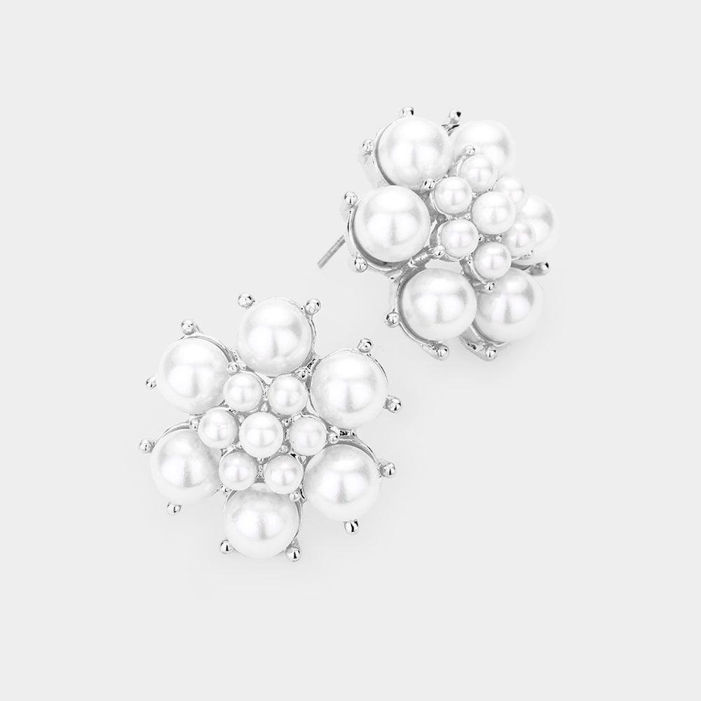 White Pearl Floral Evening Stud Earrings