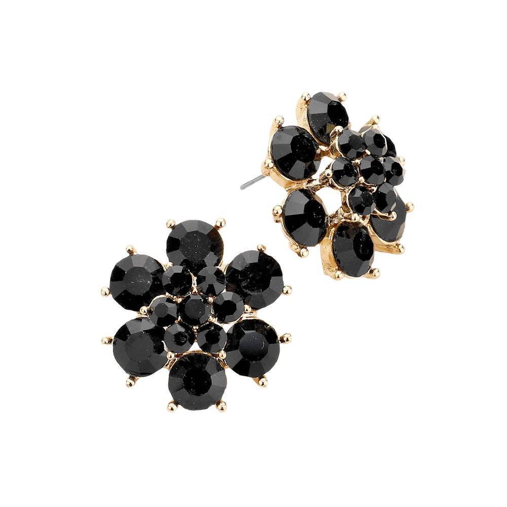 Black Crystal Round Floral Evening Stud Earrings - Jewelry Store by Erik Rayo