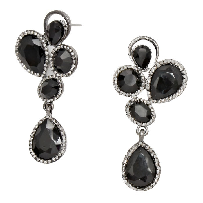 Hematite Petal Teardrop Crystal Rhinestone Dangle Evening Earrings