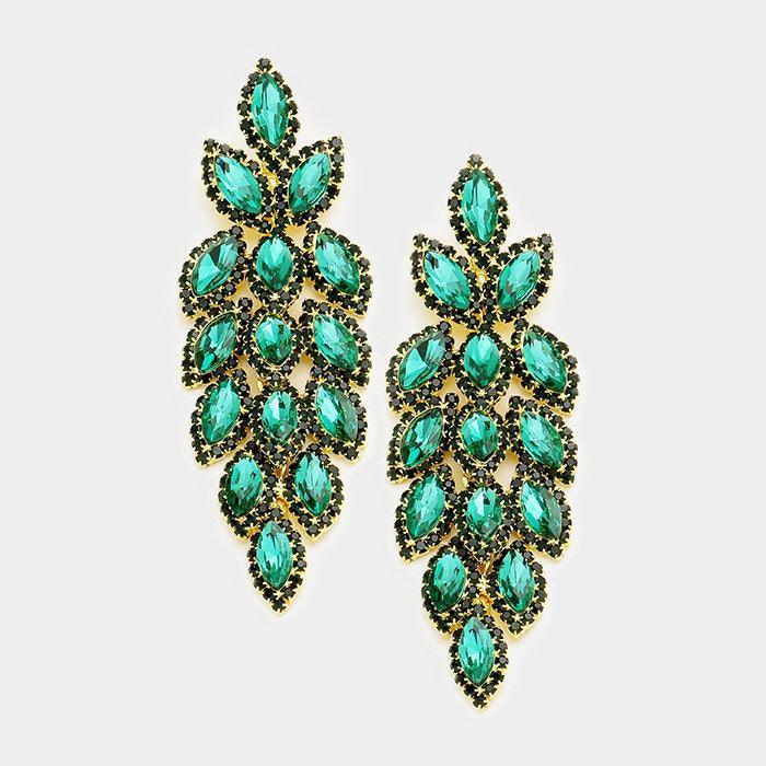 Green Crystal Stone Leaf Cluster Marquise Evening Earrings - Jewelry Store by Erik Rayo