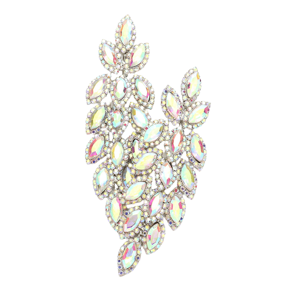 Silver Crystal Stone Leaf Cluster Marquise Evening Earrings