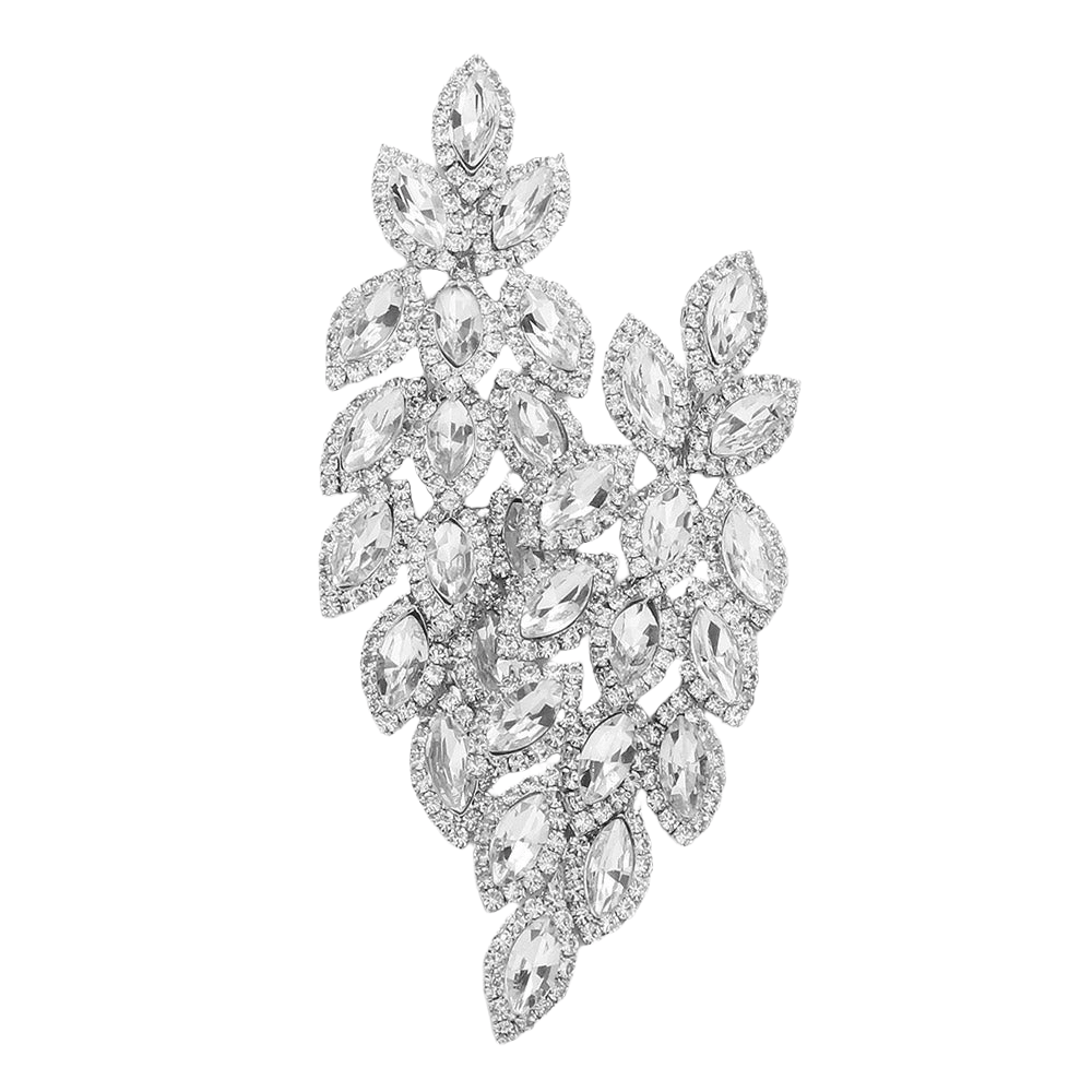 Silver Crystal Stone Leaf Cluster Marquise Evening Earrings