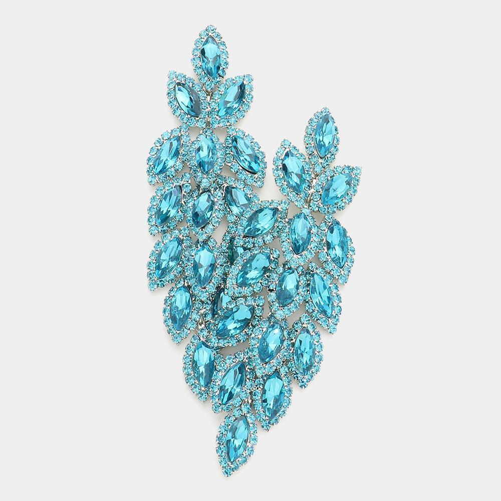 Aqua Crystal Stone Leaf Cluster Marquise Evening Earrings - Jewelry Store by Erik Rayo