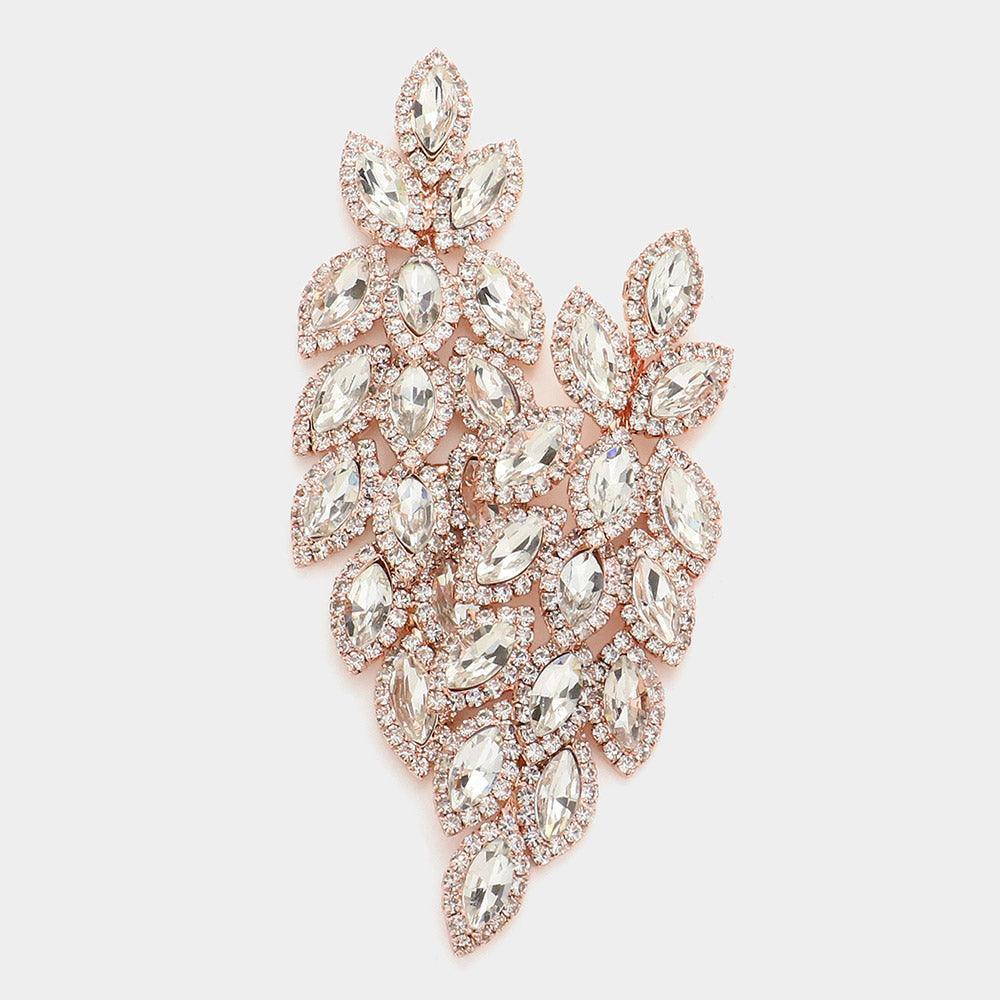 Rose Gold Crystal Stone Leaf Cluster Marquise Evening Earrings - Jewelry Store by Erik Rayo