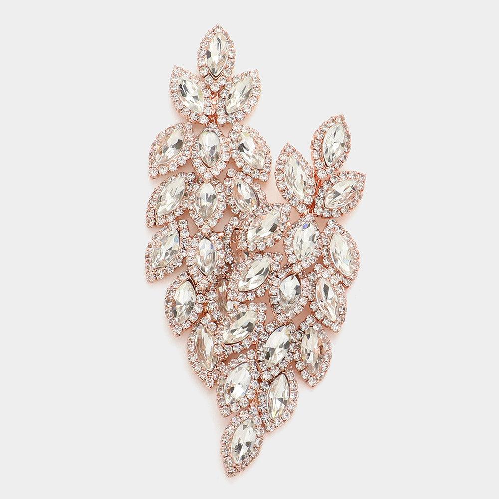 Rose Gold Crystal Stone Leaf Cluster Marquise Evening Earrings