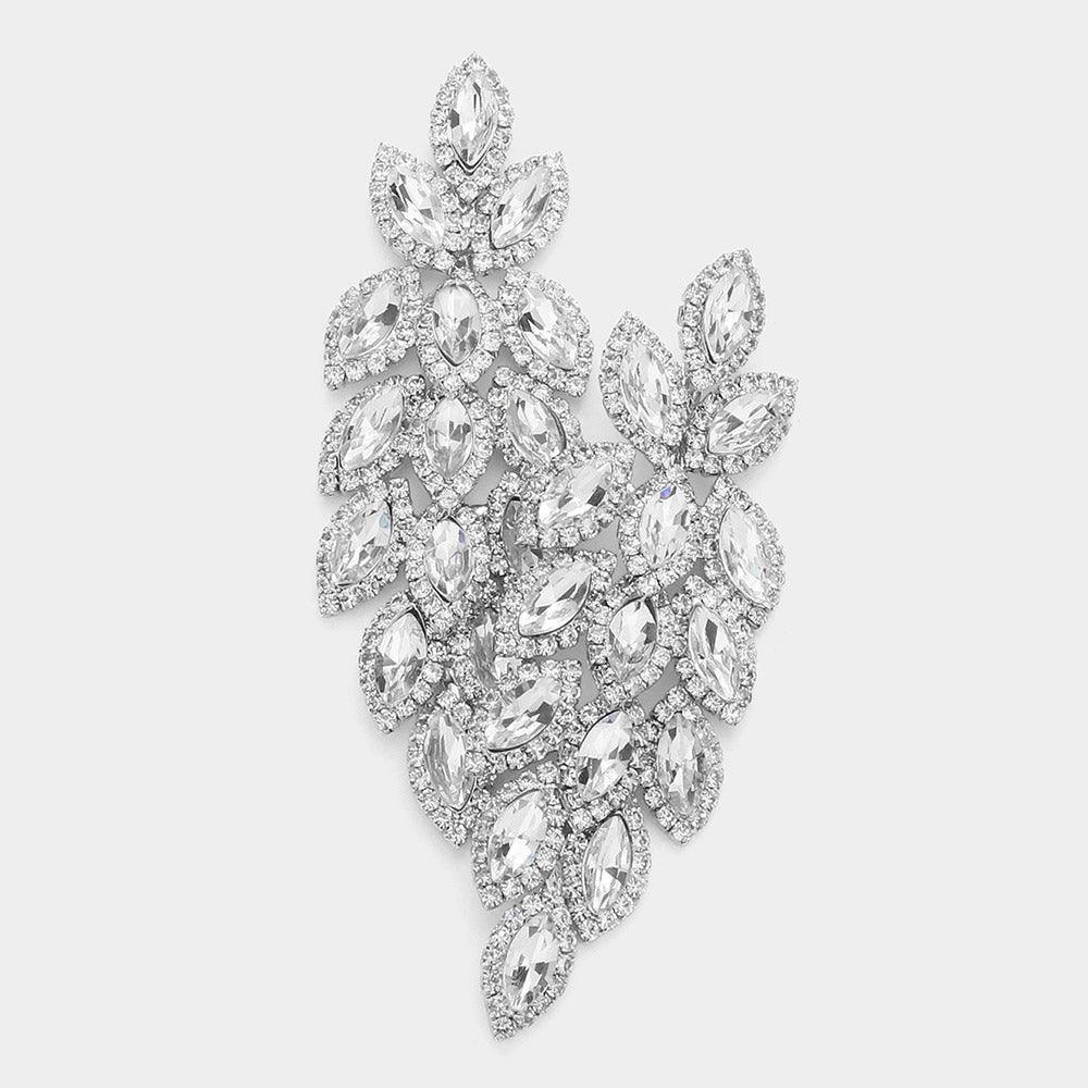 Silver Crystal Stone Leaf Cluster Marquise Evening Earrings - Jewelry Store by Erik Rayo