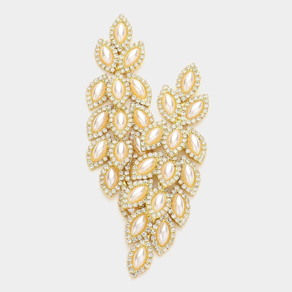 Gold Pearl Detailed Crystal Stone Leaf Cluster Marquise Evening Earrings - Jewelry Store by Erik Rayo