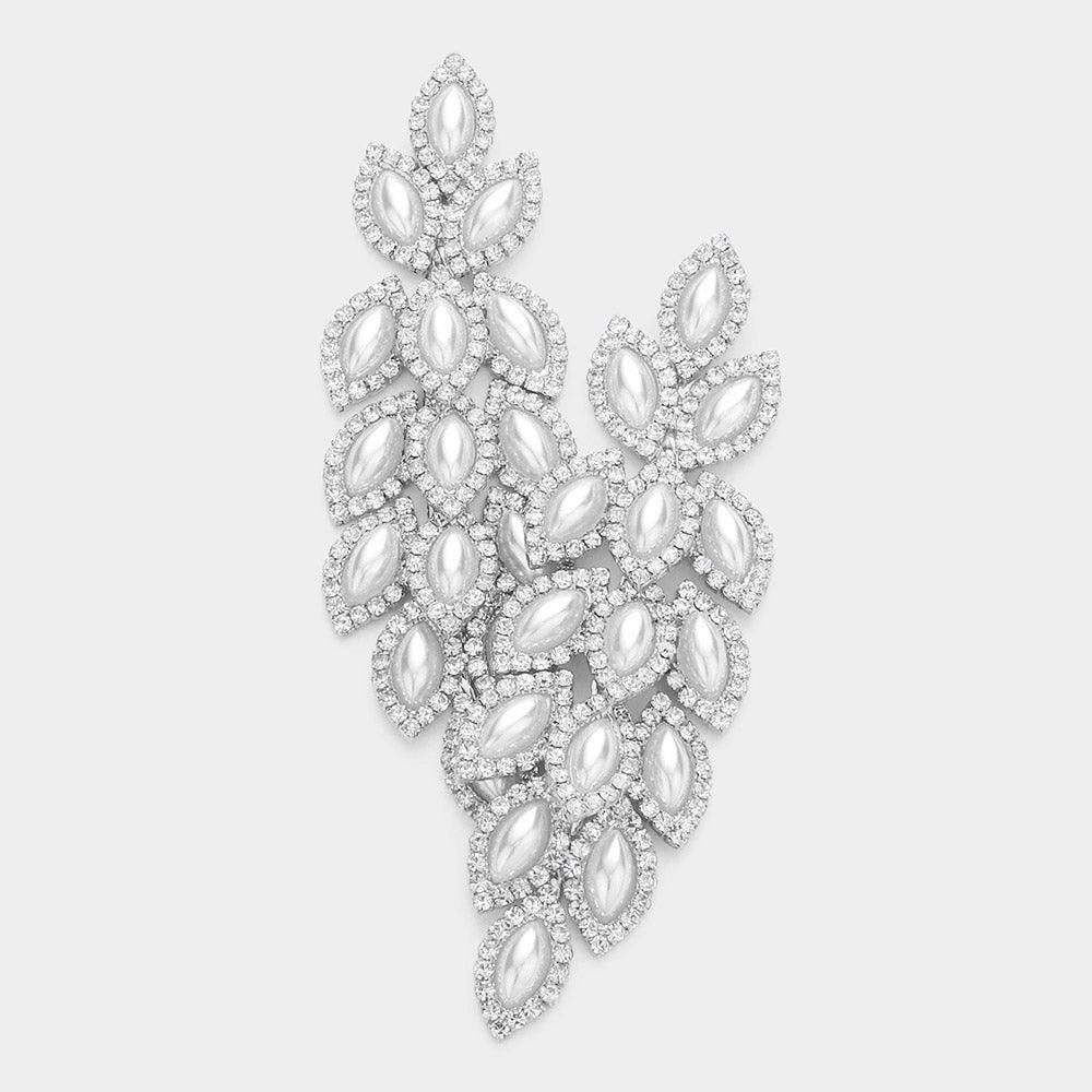 White Pearl Detailed Crystal Stone Leaf Cluster Marquise Evening Earrings