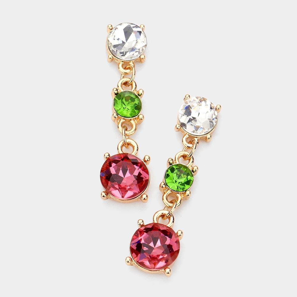 Triple Round Stone Link Dangle Evening Earrings