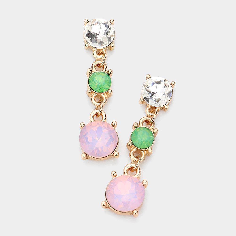 Triple Round Stone Link Dangle Evening Earrings