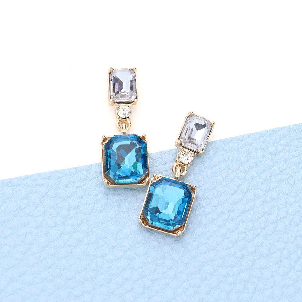 Aqua Emerald Cut Stone Link Dangle Evening Earrings - Jewelry Store by Erik Rayo
