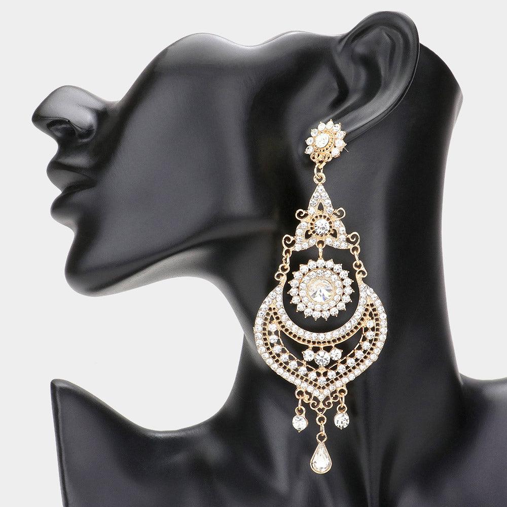 Gold Stone Embellished Chandelier Dangle Evening Earrings