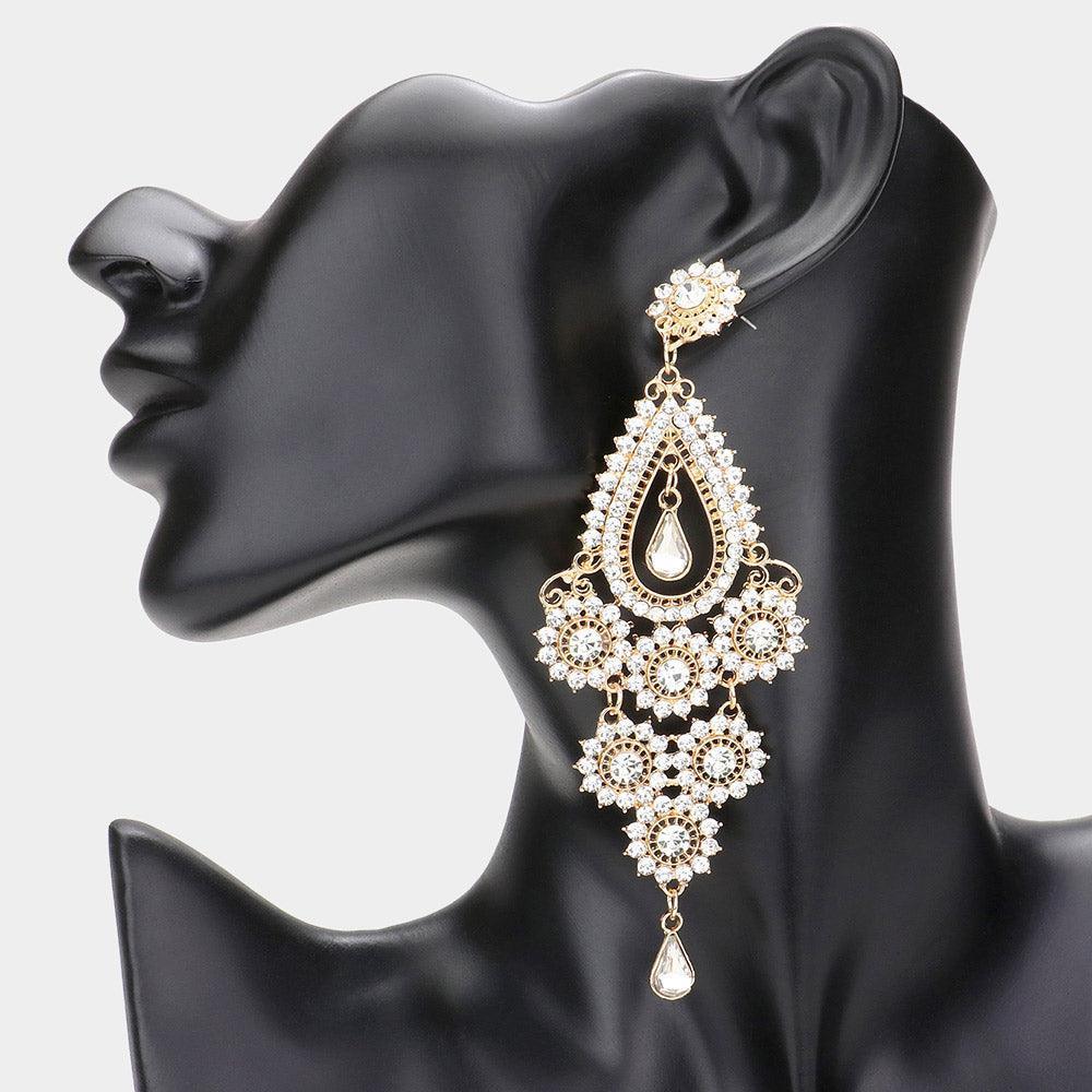 Gold Stone Embellished Chandelier Dangle Evening Earrings - Jewelry Store by Erik Rayo