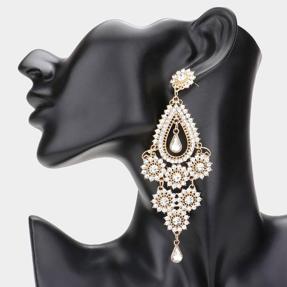 Gold Stone Embellished Chandelier Dangle Evening Earrings